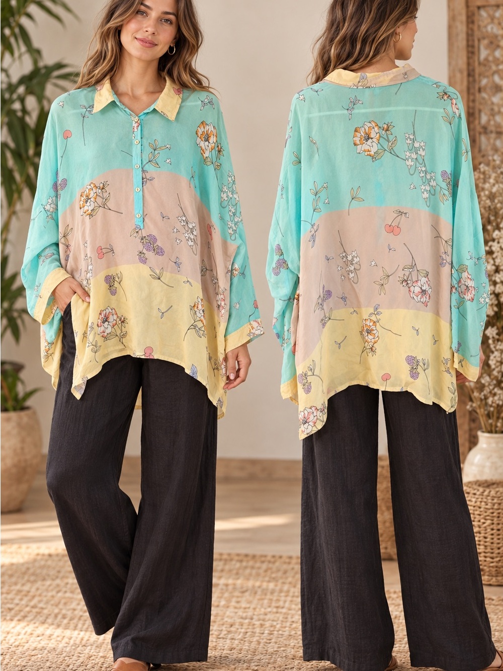 Johnny Was Floral Colorblock Button-Front Tunic (292976) ☀️ 🦋
